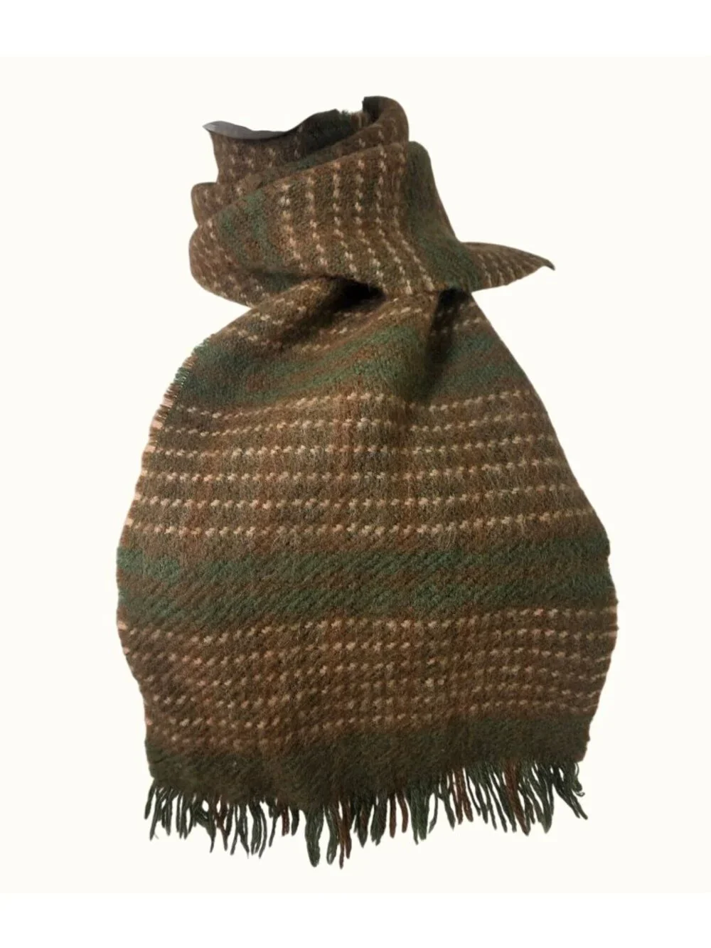 Vintage Handmade Heavy Wool Woven Wrap Shawl Green Stripe Fringed 52x10.5 Unisex